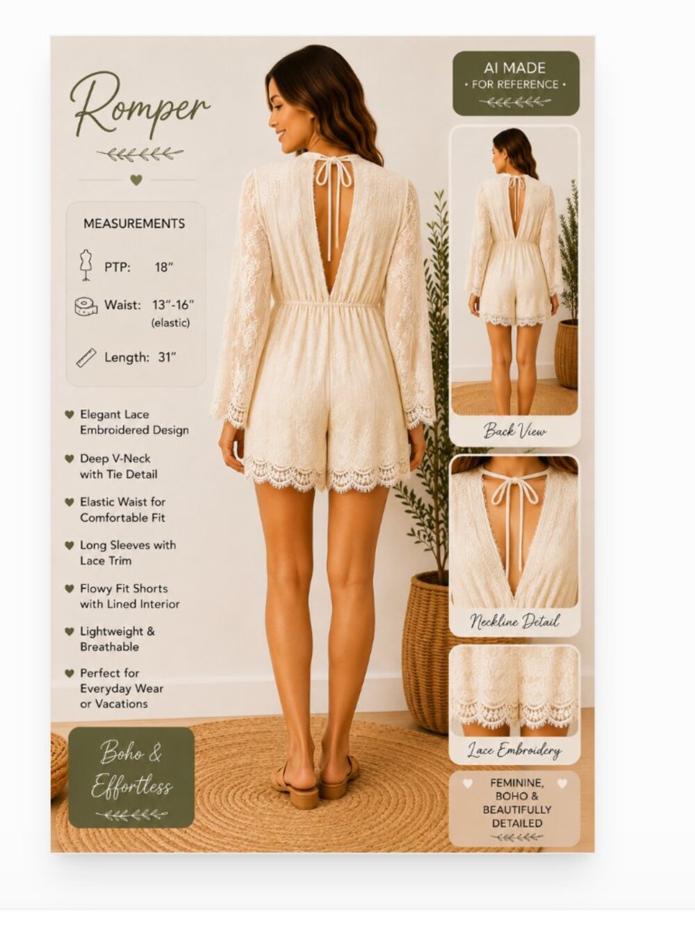 Flying Tomato Ivory Lace Tie Neck Long Sleeve Romper